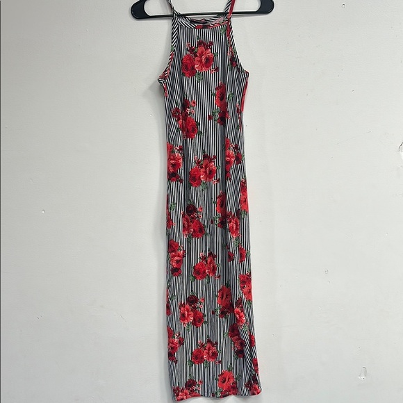Floral Striped Maxi Dress - Red and Black - Picture 1 of 5